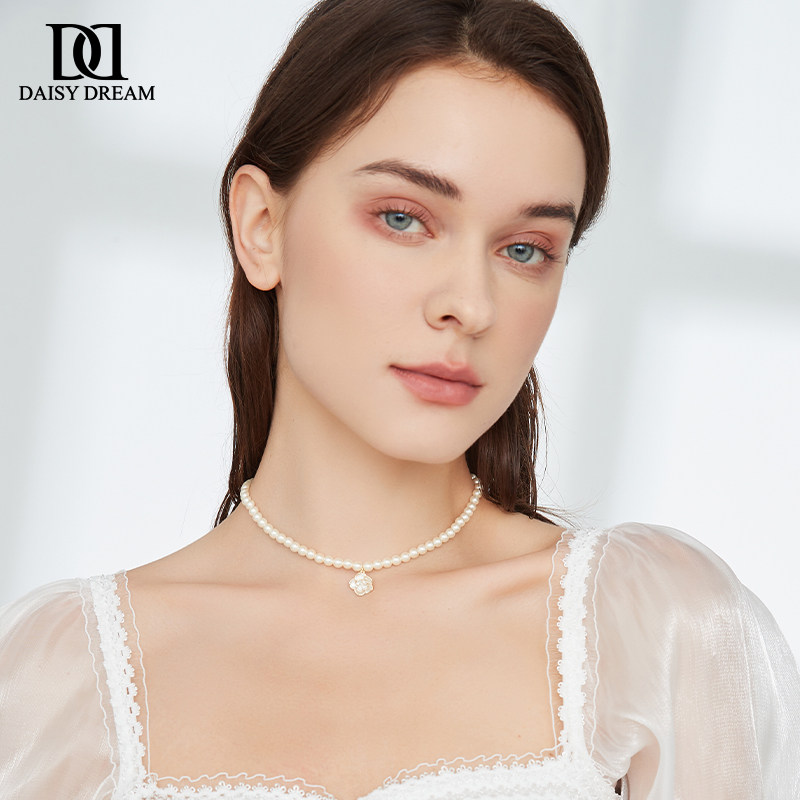 珍珠项链女气质复古法式 花朵吊坠轻奢小众设计感高级锁骨链配饰品