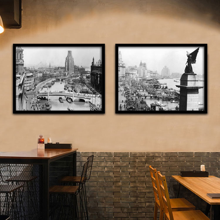 上海建筑建筑装饰装饰画怀旧街景餐厅挂画复古黑白现代装饰画