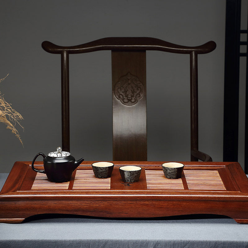 享福金丝檀木茶盘简约家用茶具实木抽屉式茶海储水双用茶台茶托盘