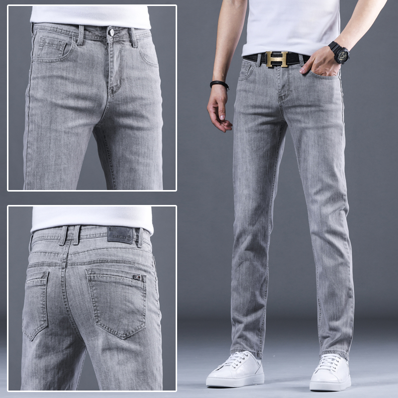 香港2022夏季新款弹力牛仔裤男宽松直筒浅灰潮牌休闲高端长裤薄款