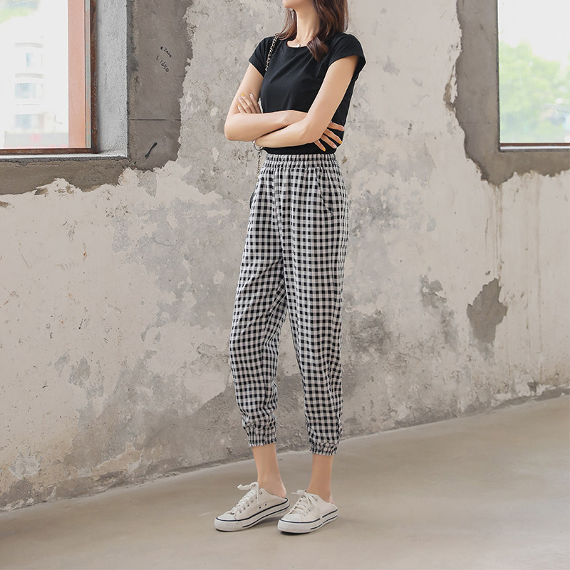 粉色格子裤女夏薄款高腰韩版宽松棉麻萝卜裤子休闲裤