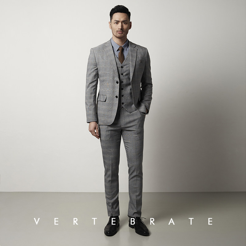脊椎动物男装欧美风灰色格子西装细节织带拼撞韩版小西服