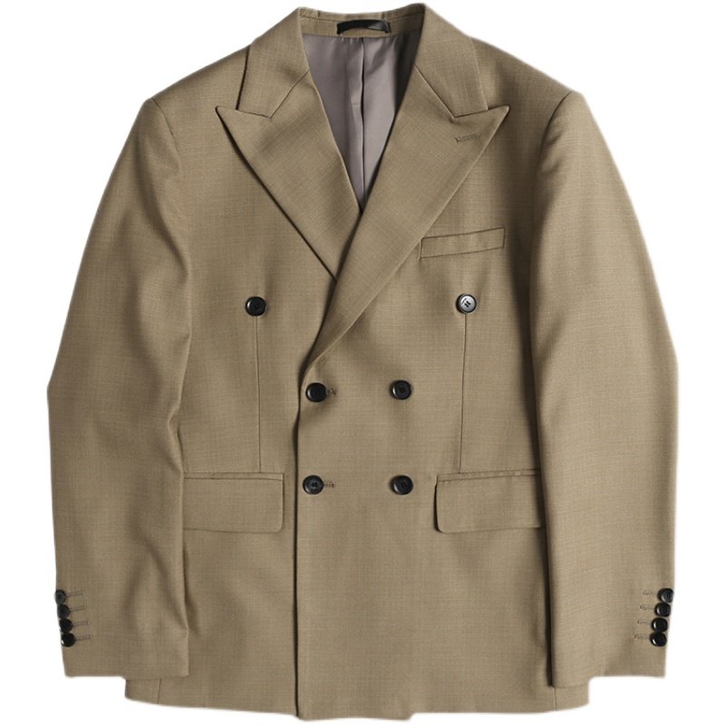 脊椎动物男装棕色暗纹商务双排西装戗驳绅士礼服西服