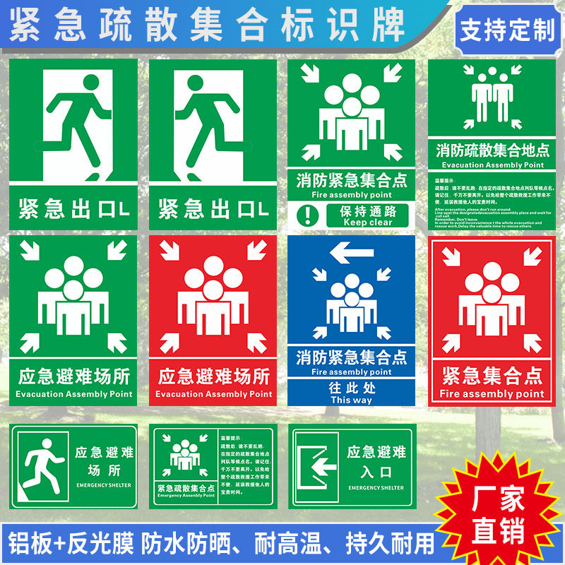 紧急集合疏散标志牌应急避难场所指示牌反光铝牌逃生疏散标识