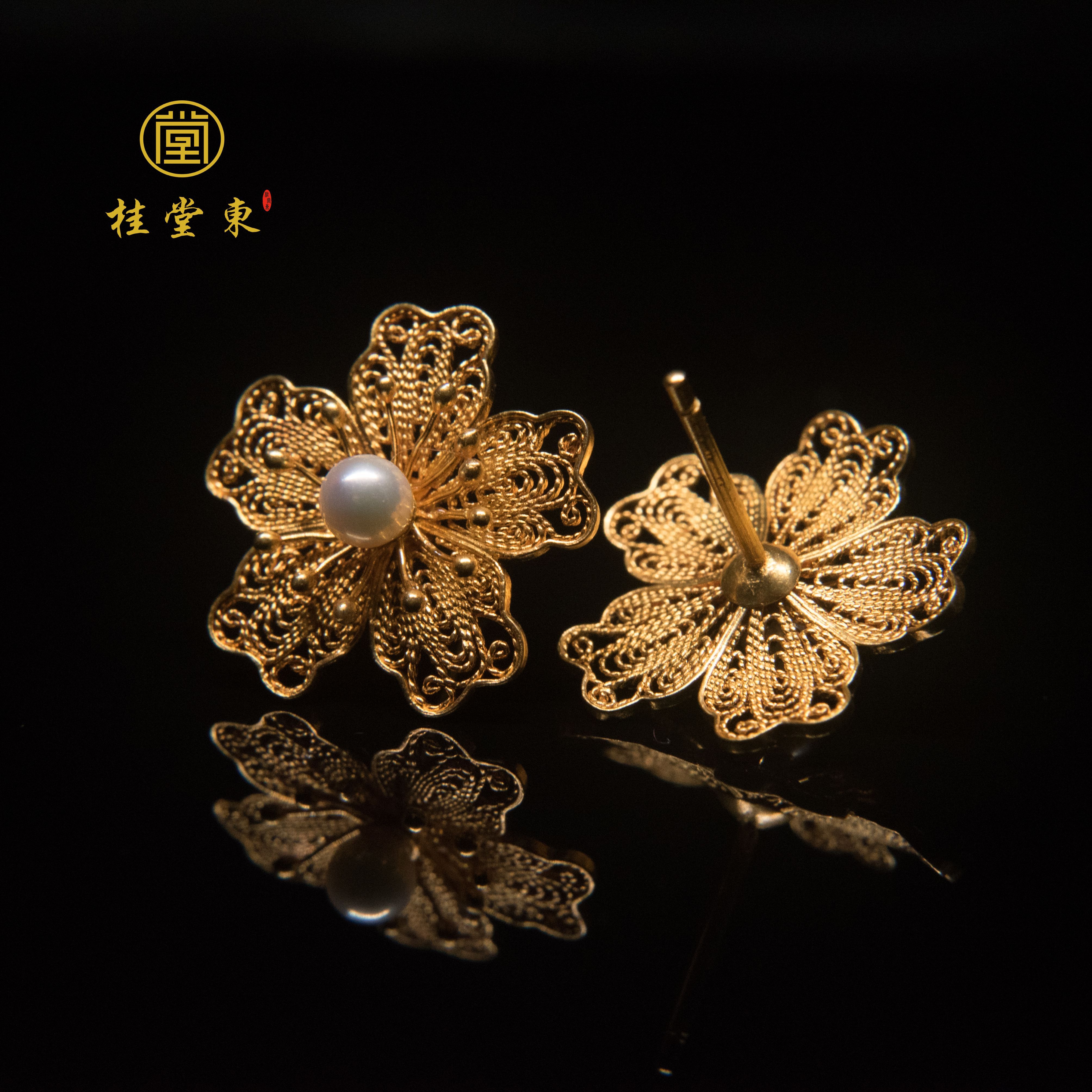 堂东洛神赋古法手工花丝镶嵌珍珠花朵耳钉汉服耳钉