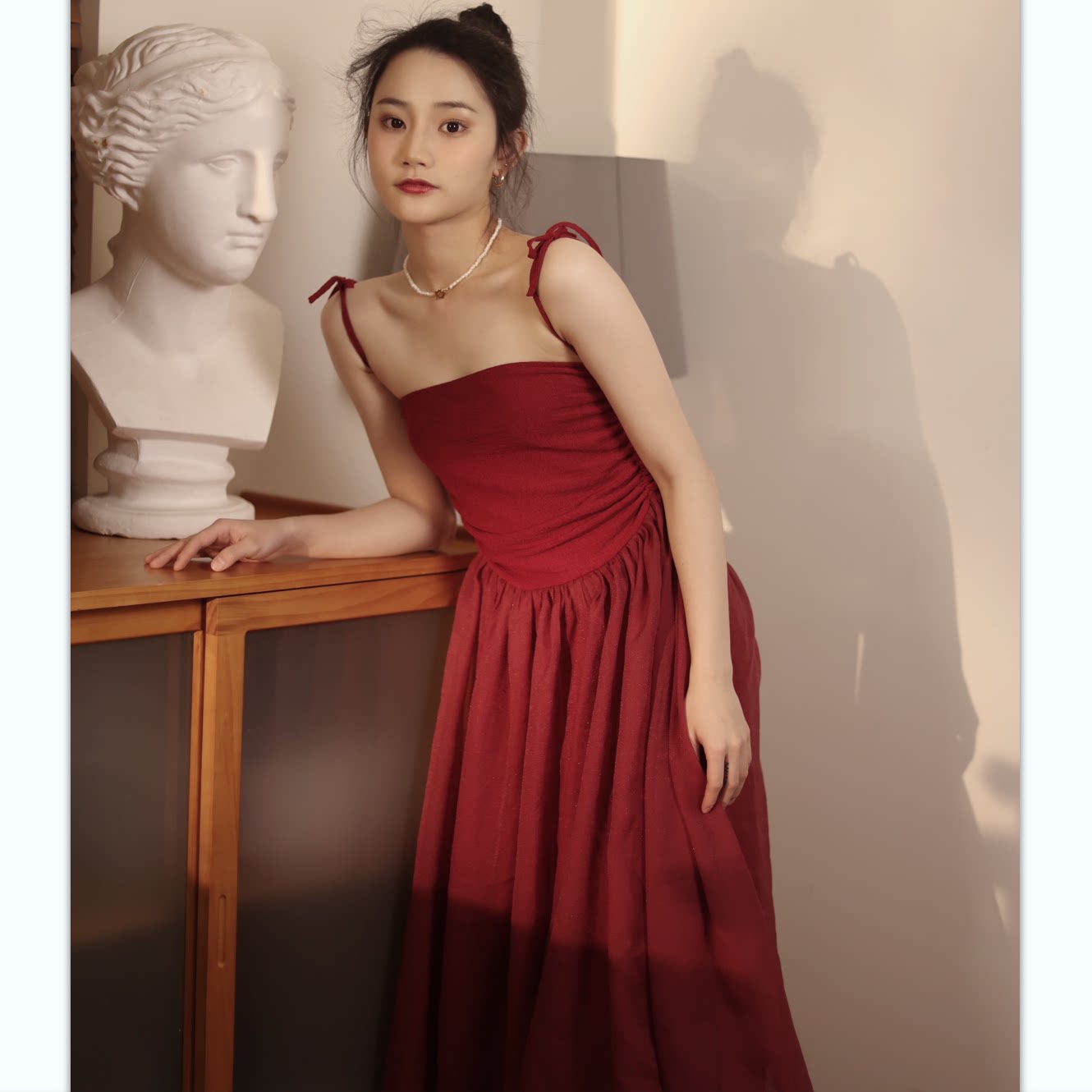 喵吉复古抹胸露背纱裙蓬蓬裙渡假裙中长款修身红色吊带连衣裙女夏
