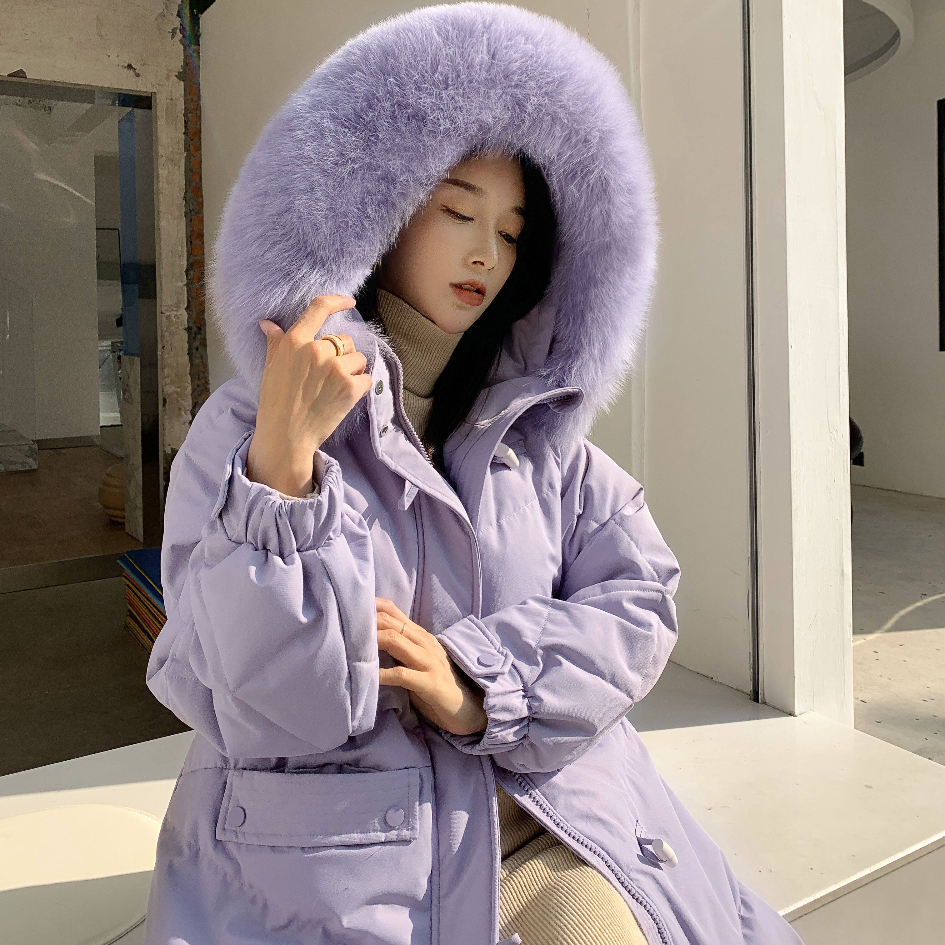 2020新款羽绒服女中长款白鸭绒网红紫色加厚时尚牛角扣过膝冬外套