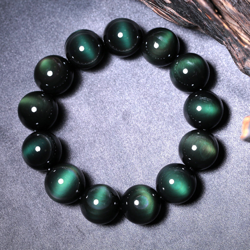 开光绿眼天然曜石手链猫眼效应男士手串18mm手链