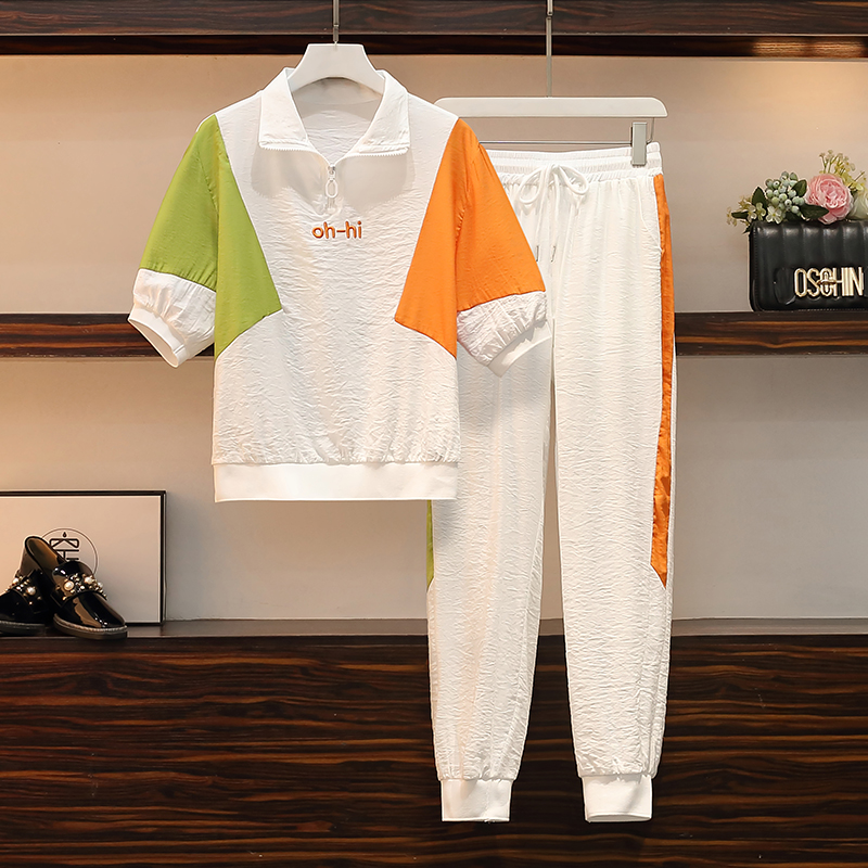 大码女装2022夏装新款显瘦洋气减龄运动裤胖妹妹时尚休闲两件套装