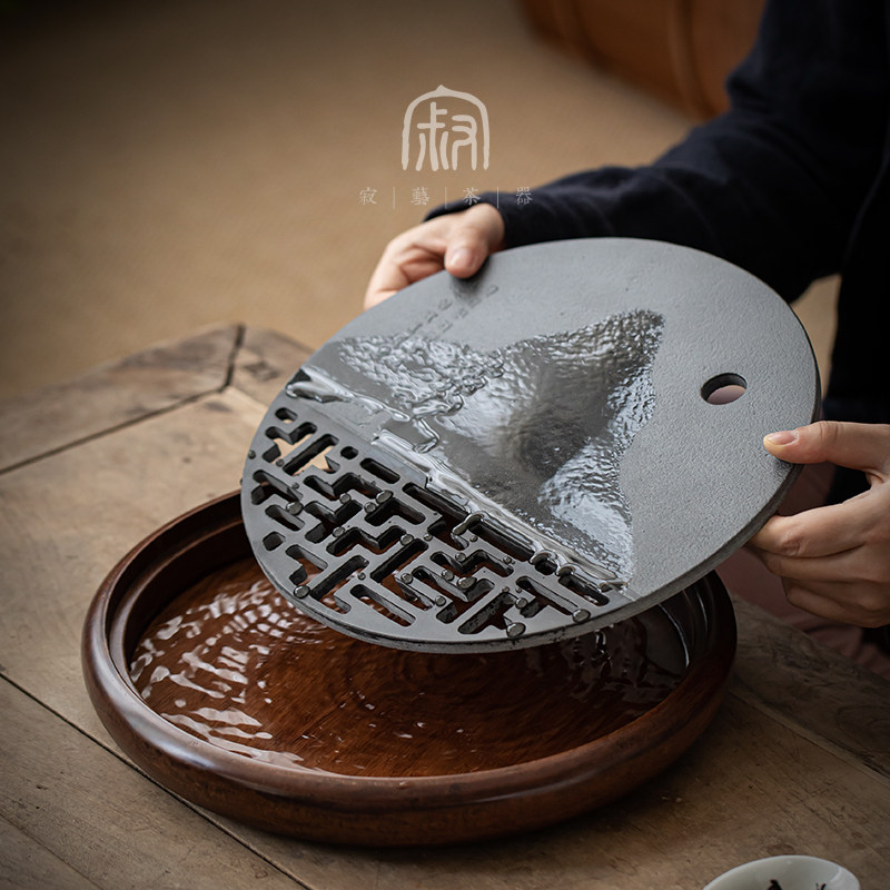 寂艺陶瓷圆形茶盘茶台客厅复古瓷盘盘面竹底茶盘
