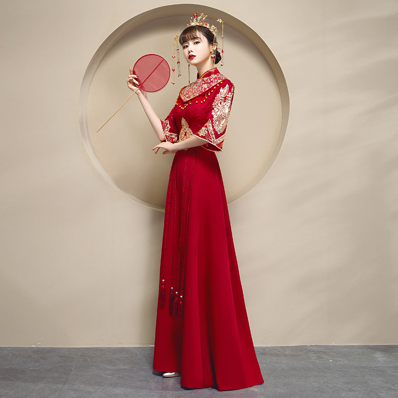 敬酒服旗袍2020新款酒红色回门便装中国风显瘦中式新娘结婚礼服女
