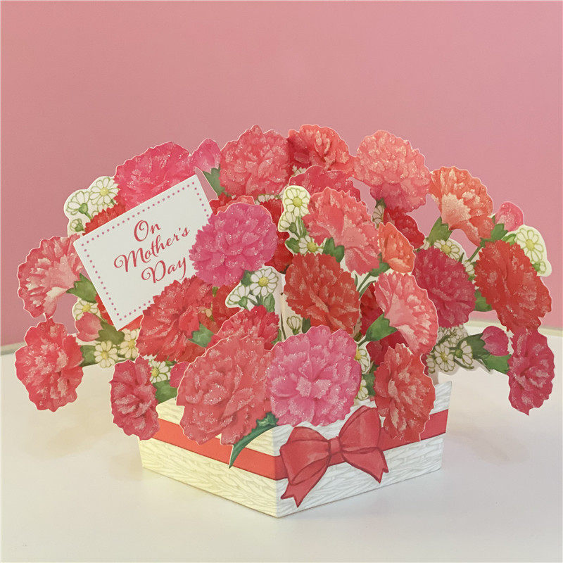 日本温馨康乃馨花篮立体贺卡仿真花朵母亲节祝福贺卡