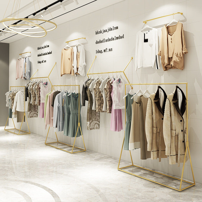 女装服装店货架展示架子陈列专用落地式卖挂衣服的杆中岛上墙金色