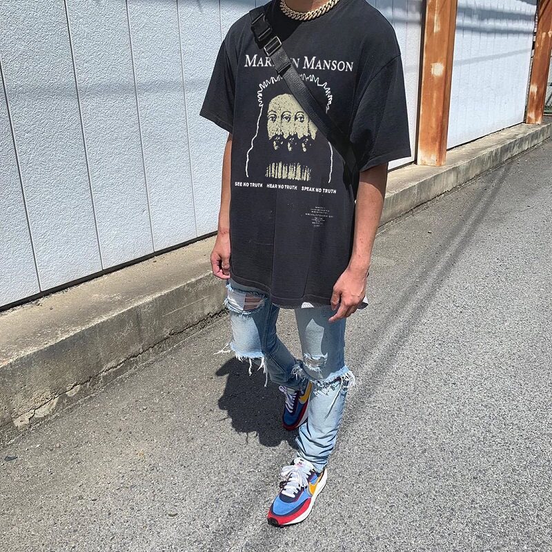 vintage玛丽莲曼森水洗短袖高街宽松风格fog潮牌t恤