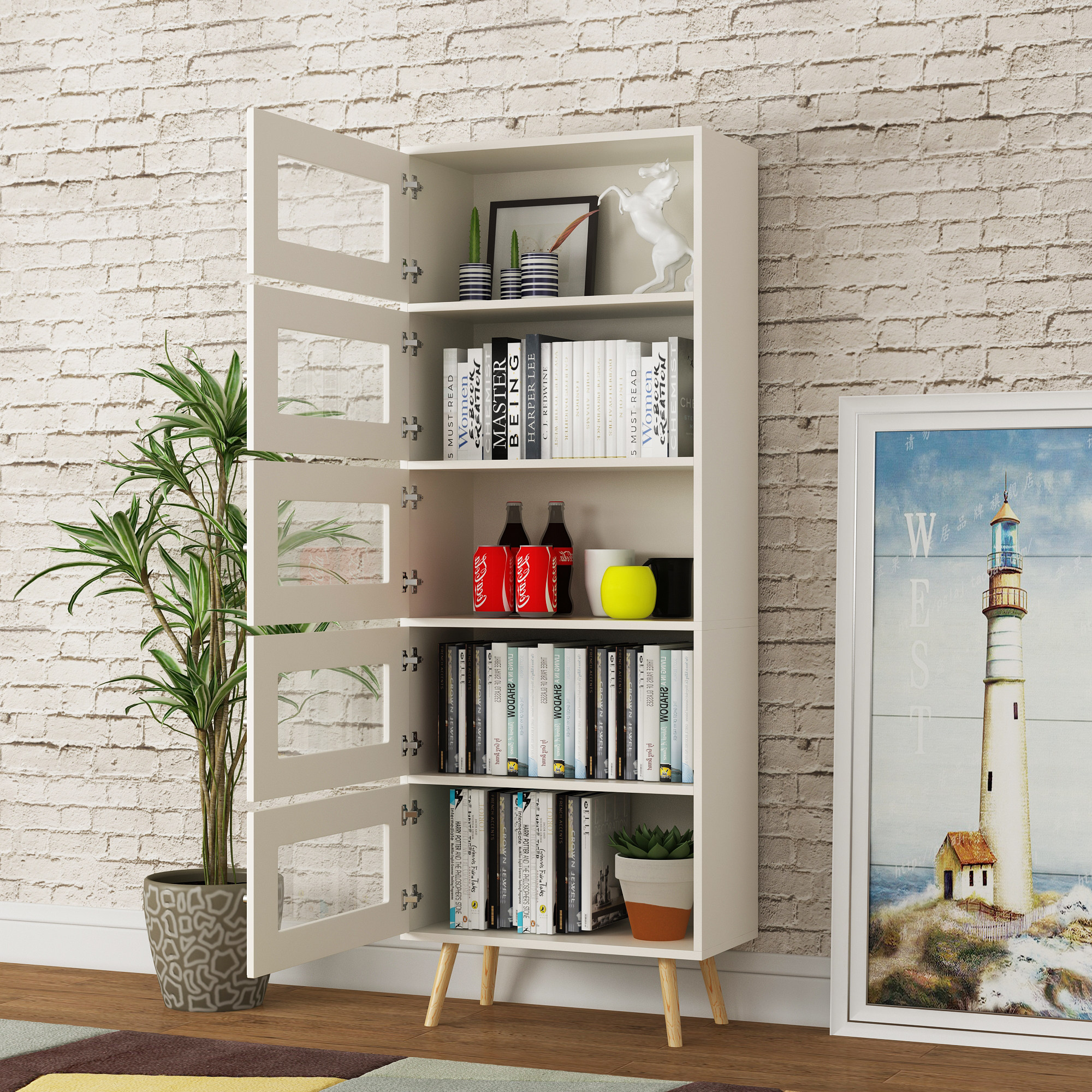 书柜玻璃门落地置物柜实木带门客厅储物柜子收纳单个书柜