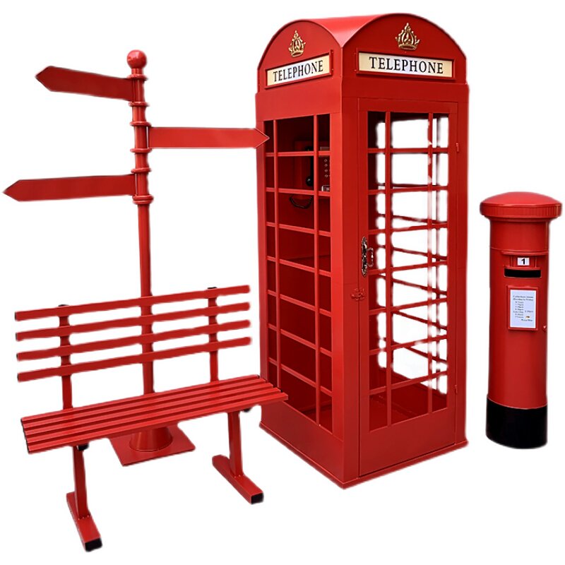 复古红色电话亭组合套装铁艺邮筒路牌落地装饰电话亭