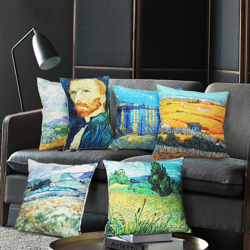 梵高沙发靠垫抱枕客厅棉麻抱枕套不含芯汽车靠枕办公室护腰枕床上