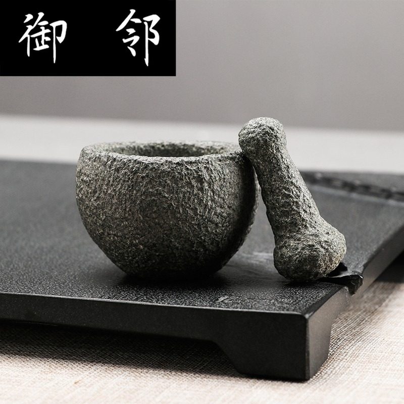 yq创意茶宠摆件迷你小石石臼青石蒜泥复古茶宠摆件
