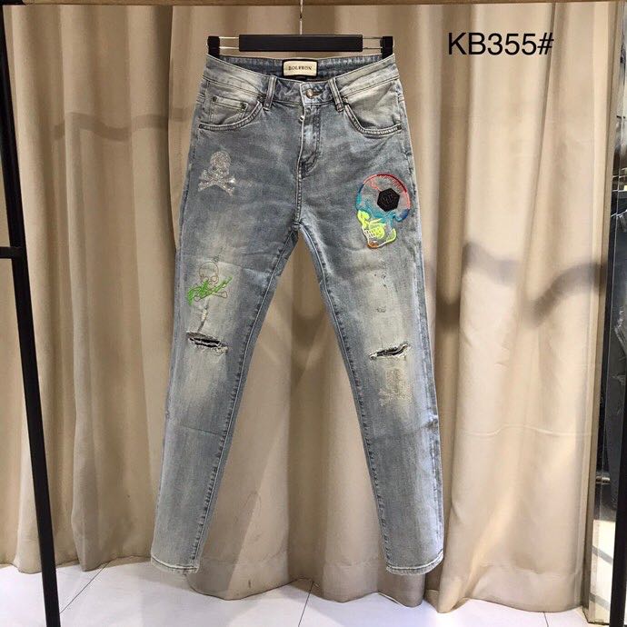 骷髅头刺绣烫钻牛仔裤欧货2022夏季男士浅色破洞弹力修身小脚裤