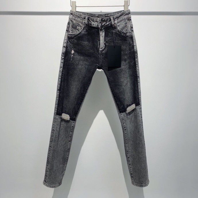 黑灰拼色水洗牛仔裤欧货2020秋冬新款个性时尚破洞弹力修身小脚裤