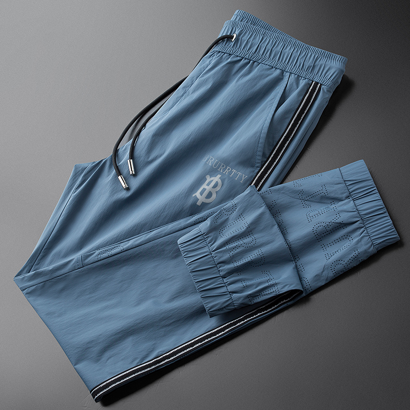 轻奢品质冰丝薄款休闲运动裤男束脚印花字母镂空夏季透气九分裤男