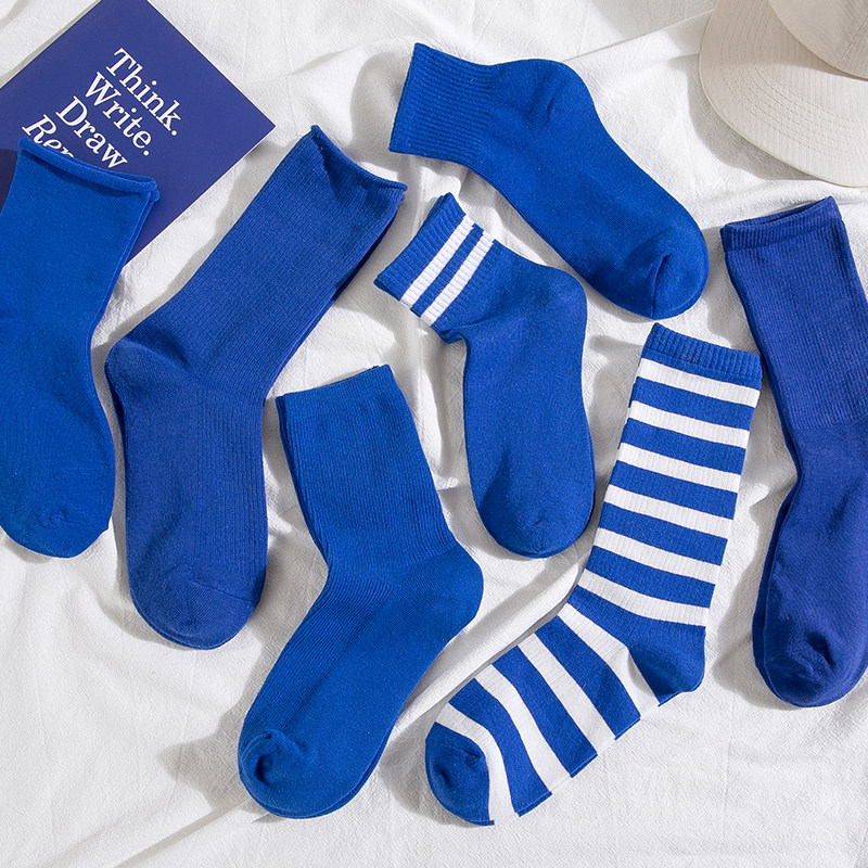 网红蓝色袜子袜子女女中筒袜柔软夏季薄款ins短袜