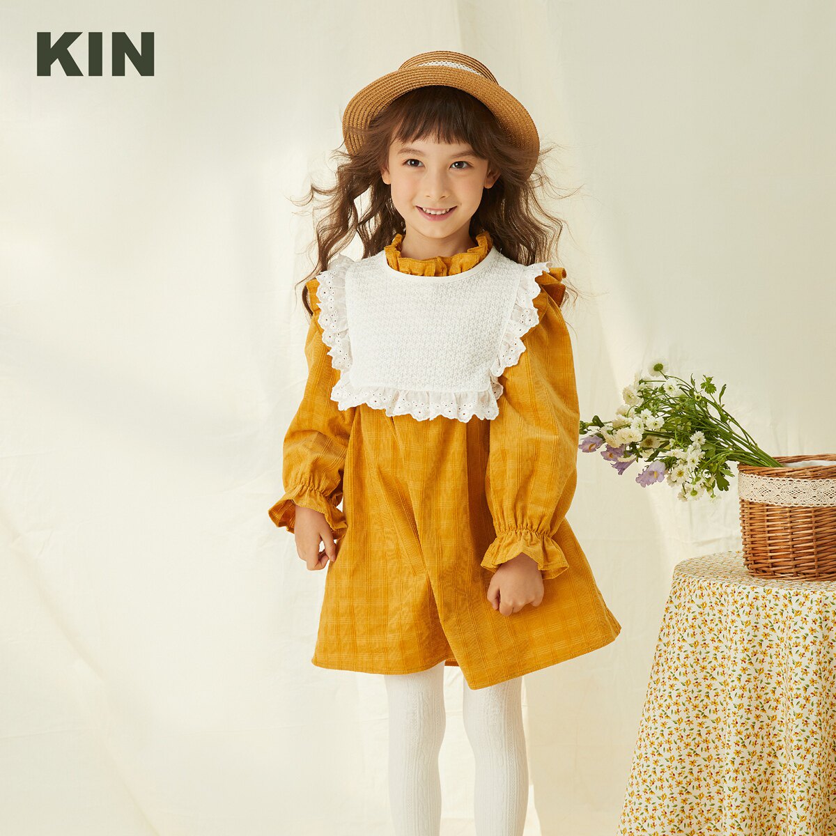 kin2021春夏新款女童童装翻领公主洋气花边连衣裙