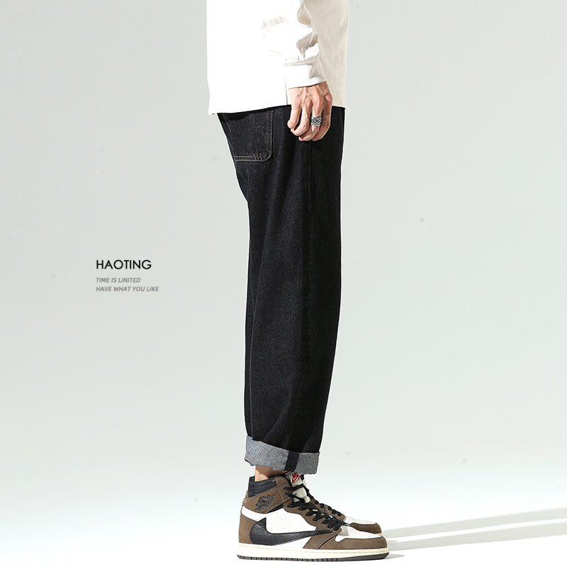 春秋季潮牌黑色牛仔裤男宽松直筒长裤坠感阔腿裤休闲百搭男裤子潮
