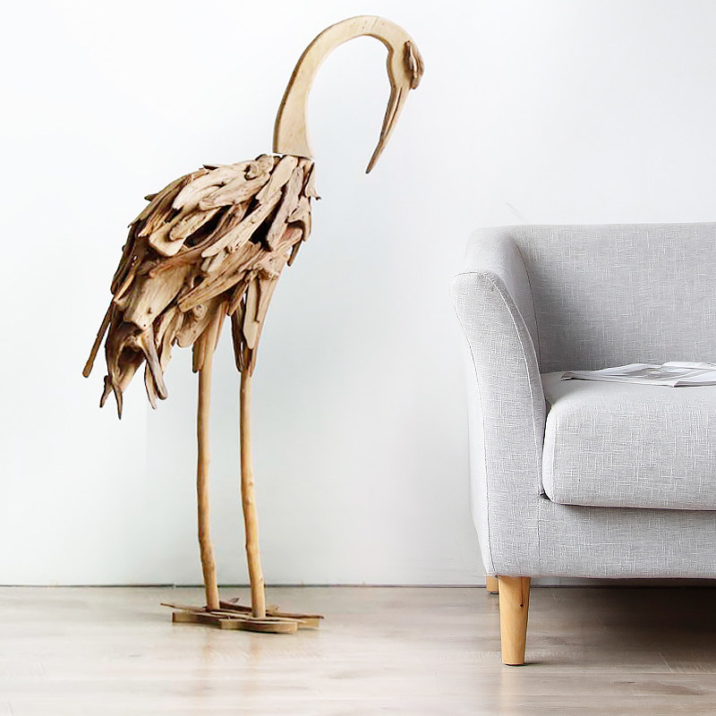 手工木质动物仙鹤丹顶鹤摆件创意落地家居民办公摆件