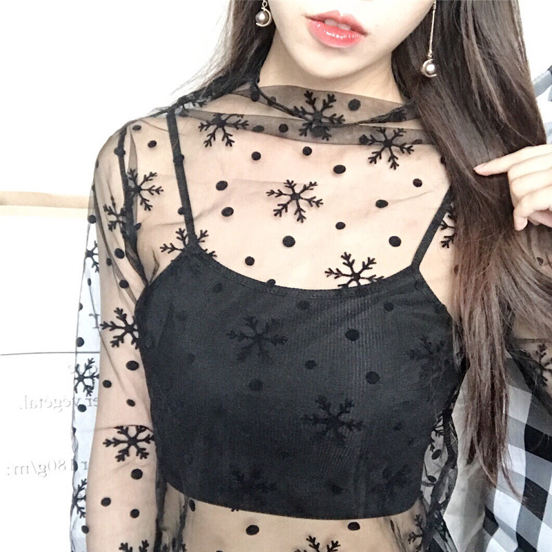 夏季ol气质黑色透视网纱打底衫2022新款长袖薄款镂空渔网上衣女装