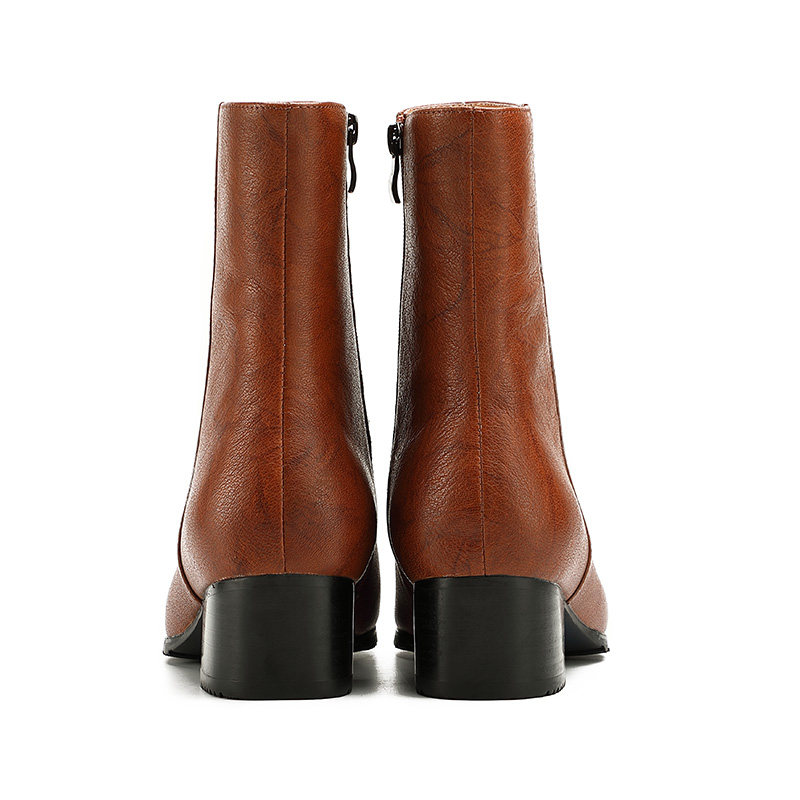 村哥迪郎男士高跟尖头中筒皮靴真皮头层牛皮棕色增高男靴拉链靴子