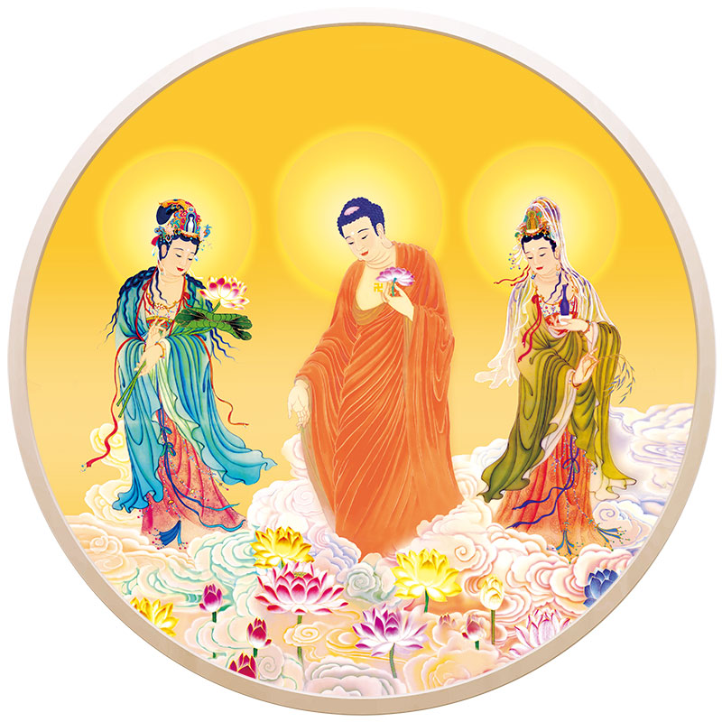 西方三圣画像挂画 阿弥陀佛接引图卷轴画 高清佛堂绢布佛像画包邮