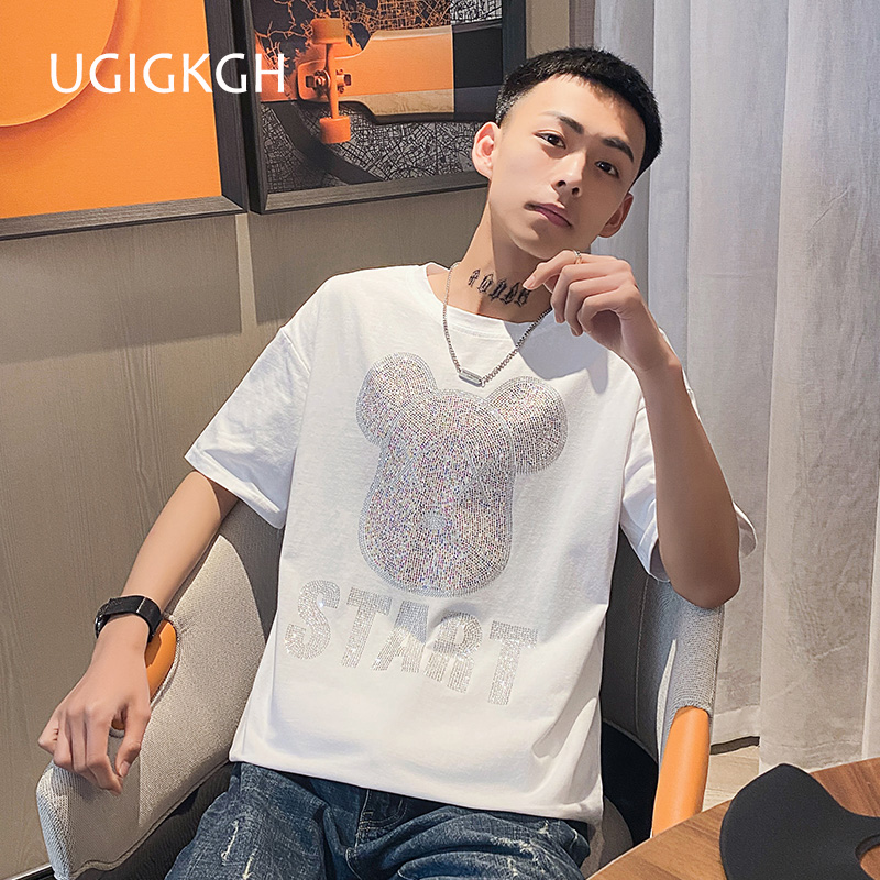 短袖T恤男潮流潮牌ins网红痞帅宽松烫钻半袖夏季新款男士百搭体恤