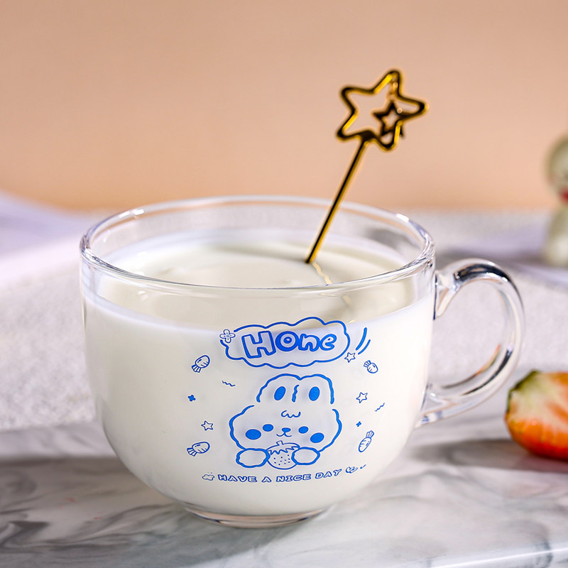 大容量玻璃杯女燕麦杯家用ins风水杯子带把盖勺可爱牛奶杯早餐杯