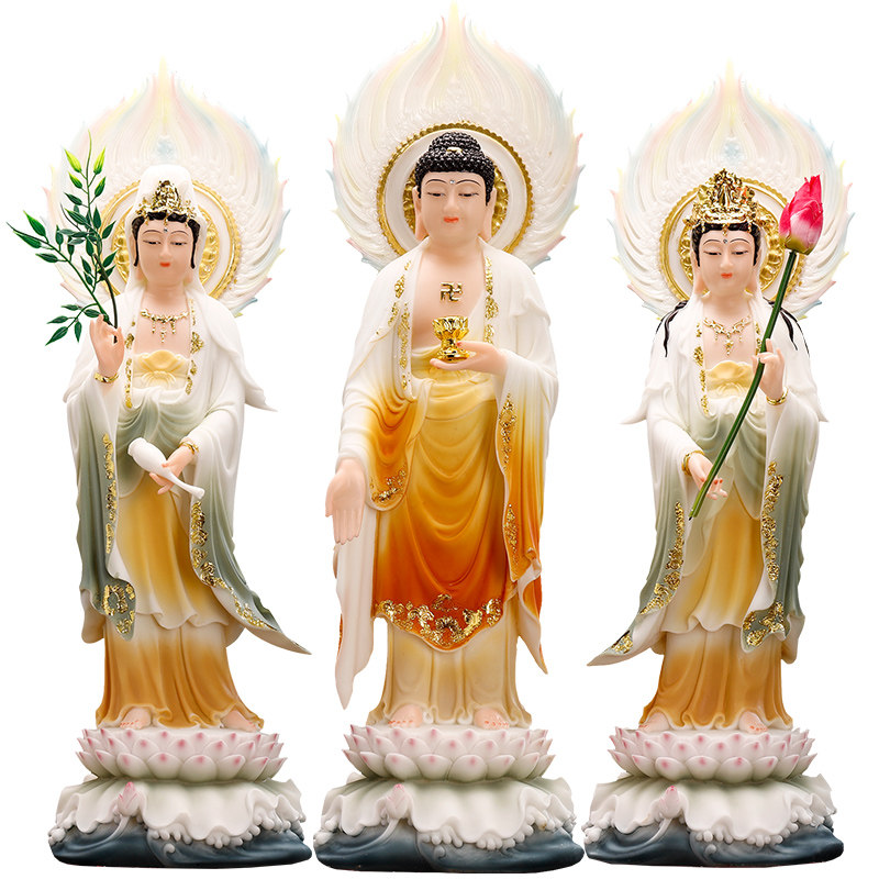 摆件慈缘阁七彩汉白玉西方三圣佛像释迦牟尼如来佛阿弥陀佛摆件