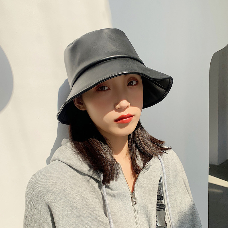 皮质网红渔夫帽女秋冬新款时尚帽子子女韩版潮帽子