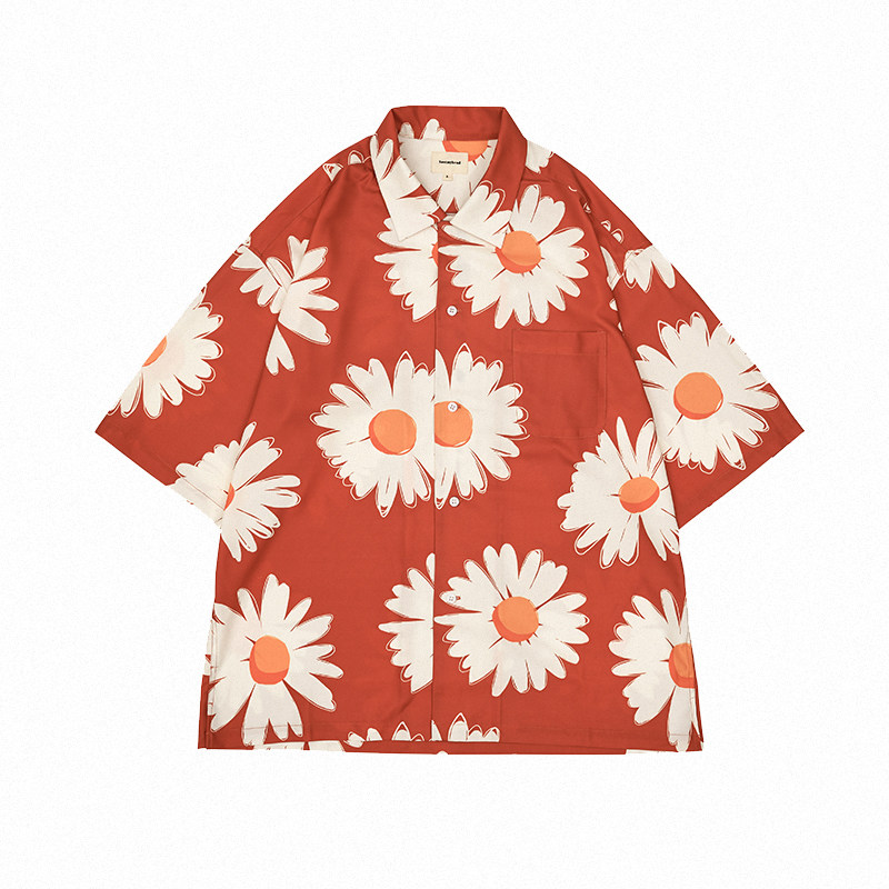 lostmyhead夏季美式复古小雏菊夏威夷短袖半袖宽松翻领衬衫男女潮