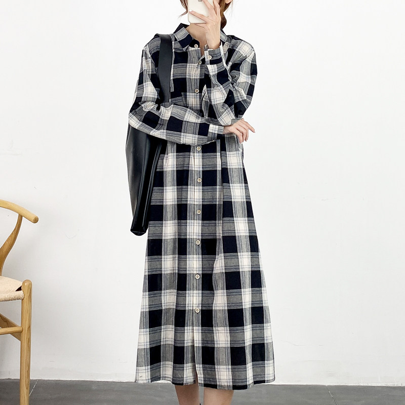 高个子棉麻长袖格纹衬衫宽松大版长款大格连衣裙连衣裙