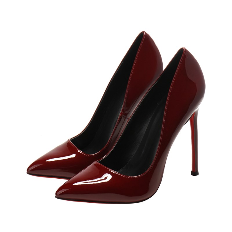 12cm性感超细跟黑色高跟鞋女漆皮10厘米气质职业女鞋红色底大码鞋