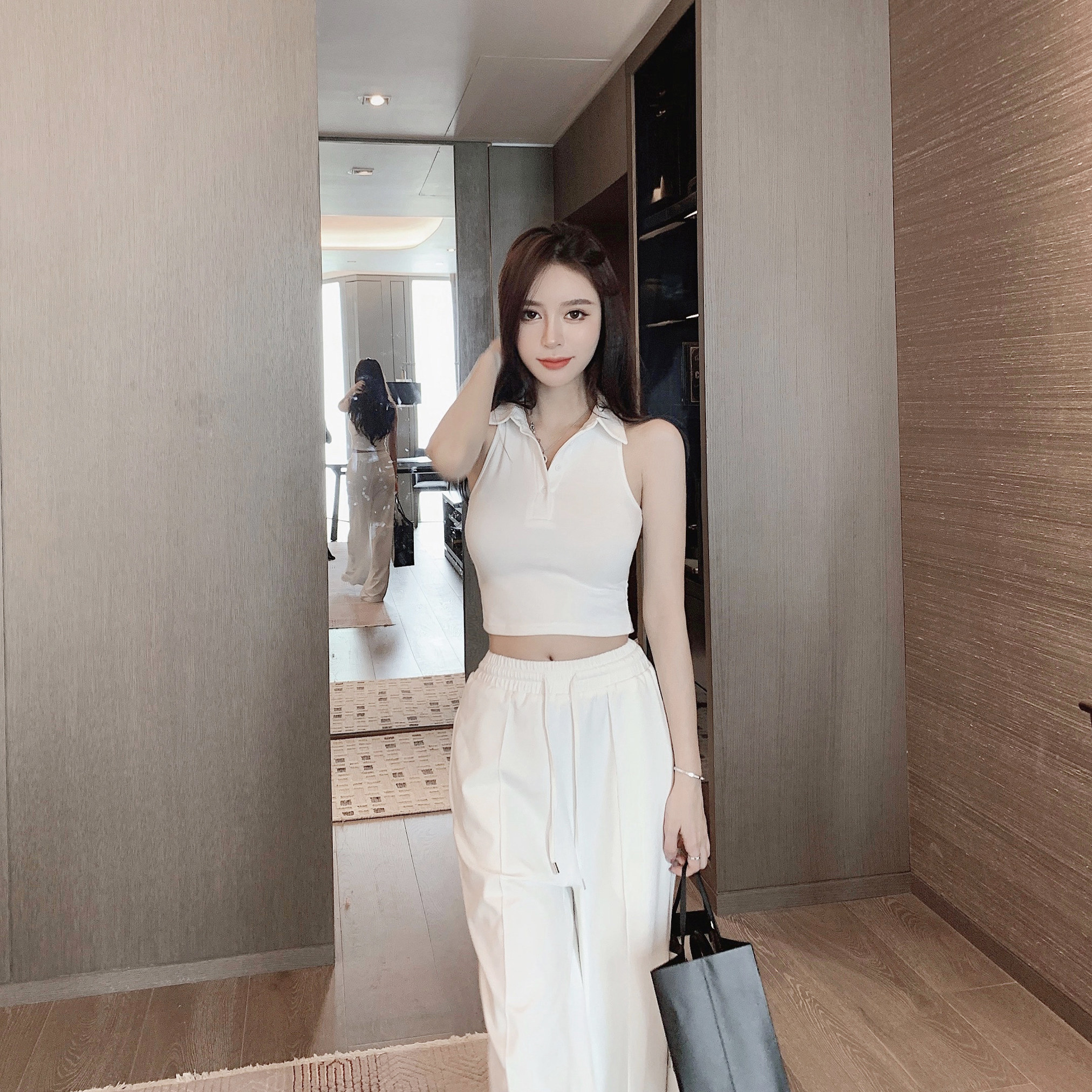 日系漫画少女腰细显胸polo短款背心修身显瘦背心吊带