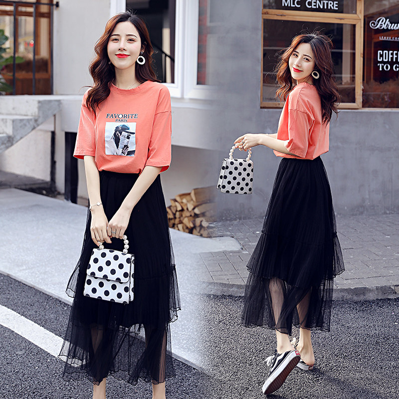 2022春夏装新款两件套网纱半身裙搭配短袖t恤女很仙的网红套装裙