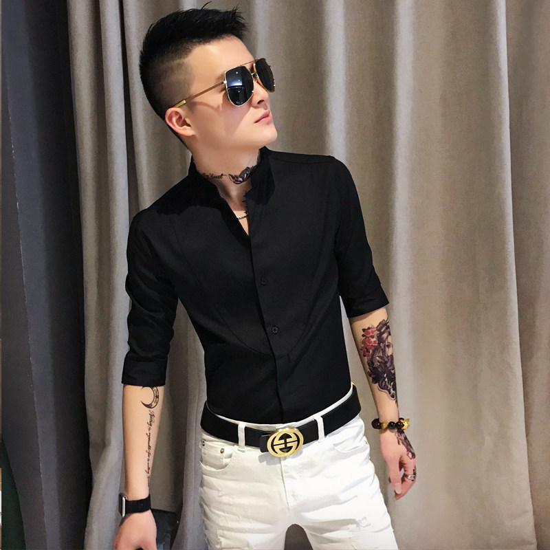 立领百搭休闲修身发型师衬衣短袖帅气潮流男韩版衬衫