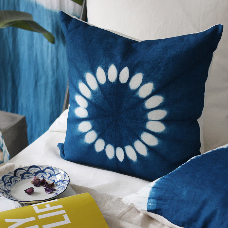 蓝染扎染沙发现代简约腰枕靠垫手工抱枕草木靠垫