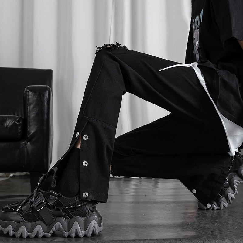 vibe国潮高街裤子小众原创设计感排扣喇叭裤破洞牛仔裤男夏季