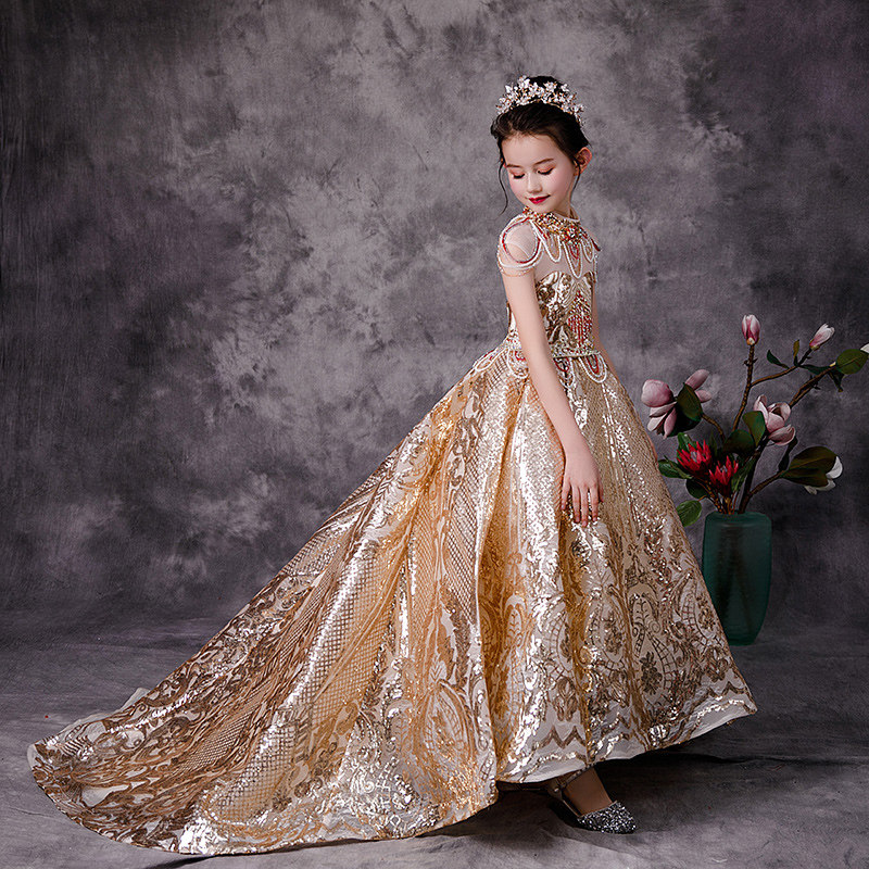 儿童礼服公主蓬蓬高端走秀女大童钢琴演出服拖尾儿童礼服