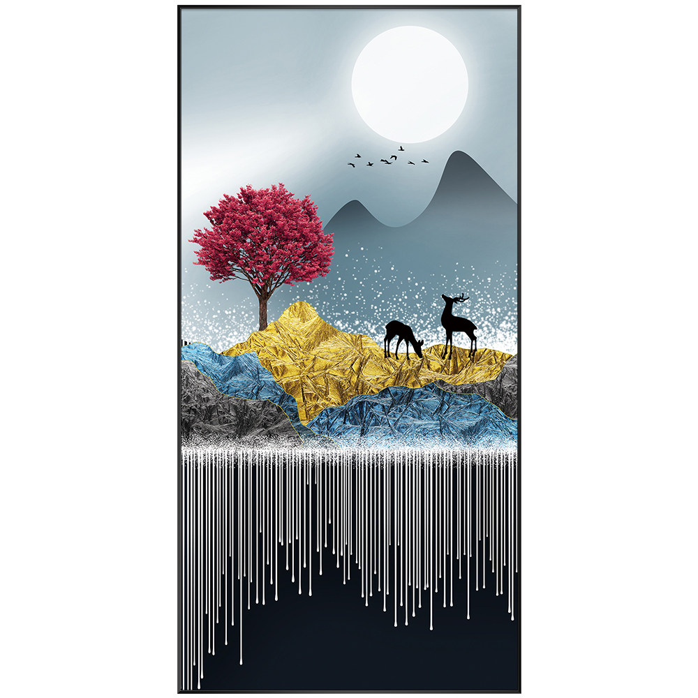 瓷画镶钻招财财鹿入户玄关装饰画轻奢走廊尽头现代装饰画