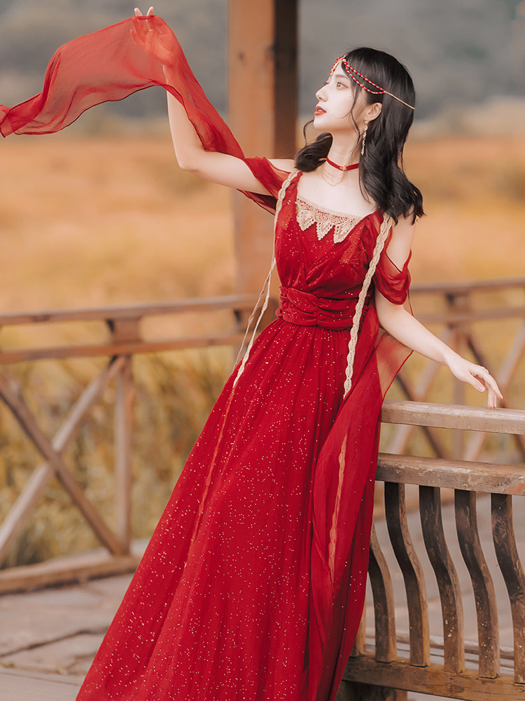 民族风异域风情新疆沙漠海边度假旅游拍照服装吊带连衣裙