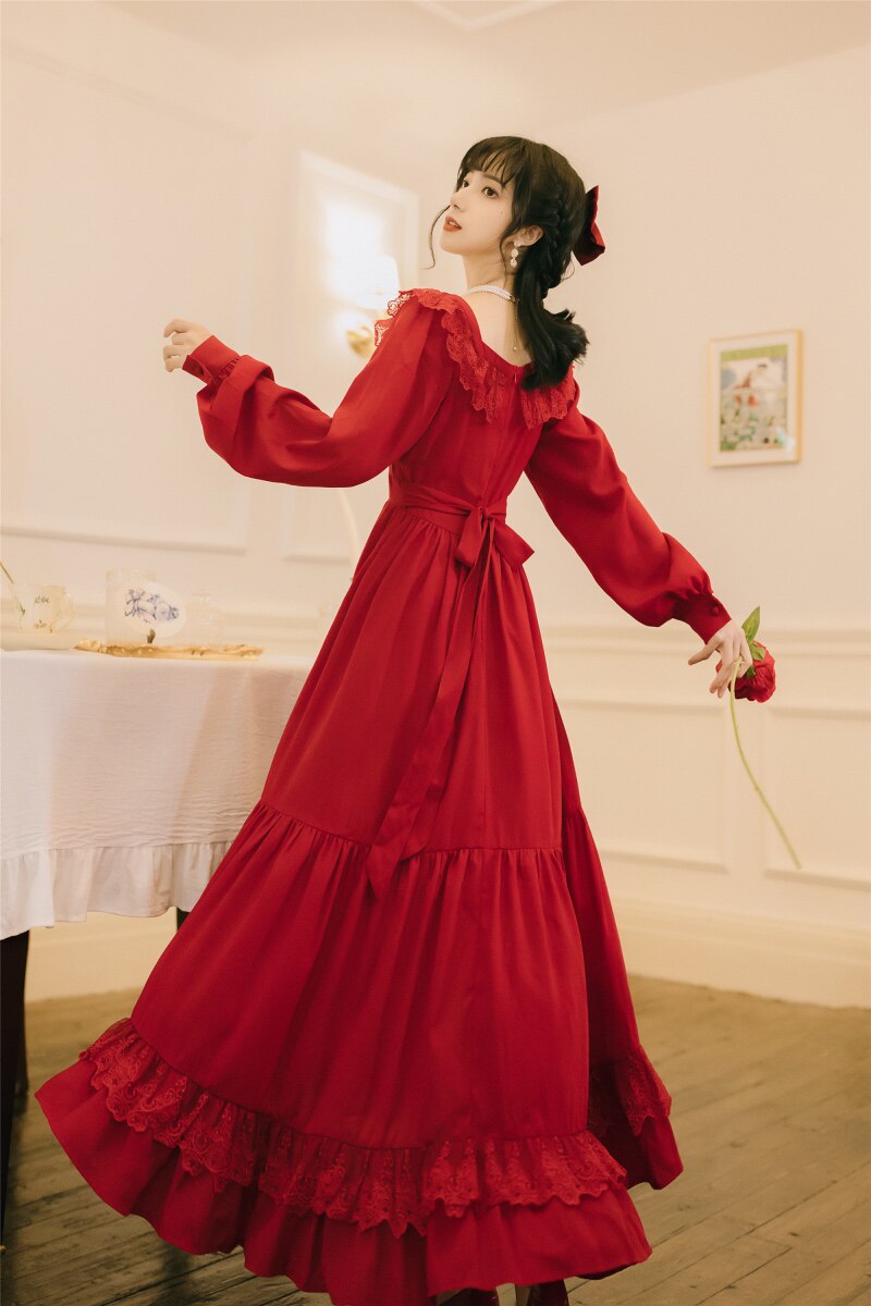 法式复古森系长袖脚踝显瘦红色连衣裙宫廷风小连衣裙