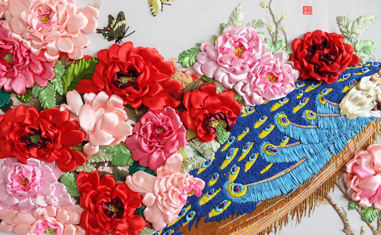 新款丝带绣挂画客厅大幅花开富贵孔雀牡丹图3d印花立体绣非十字绣
