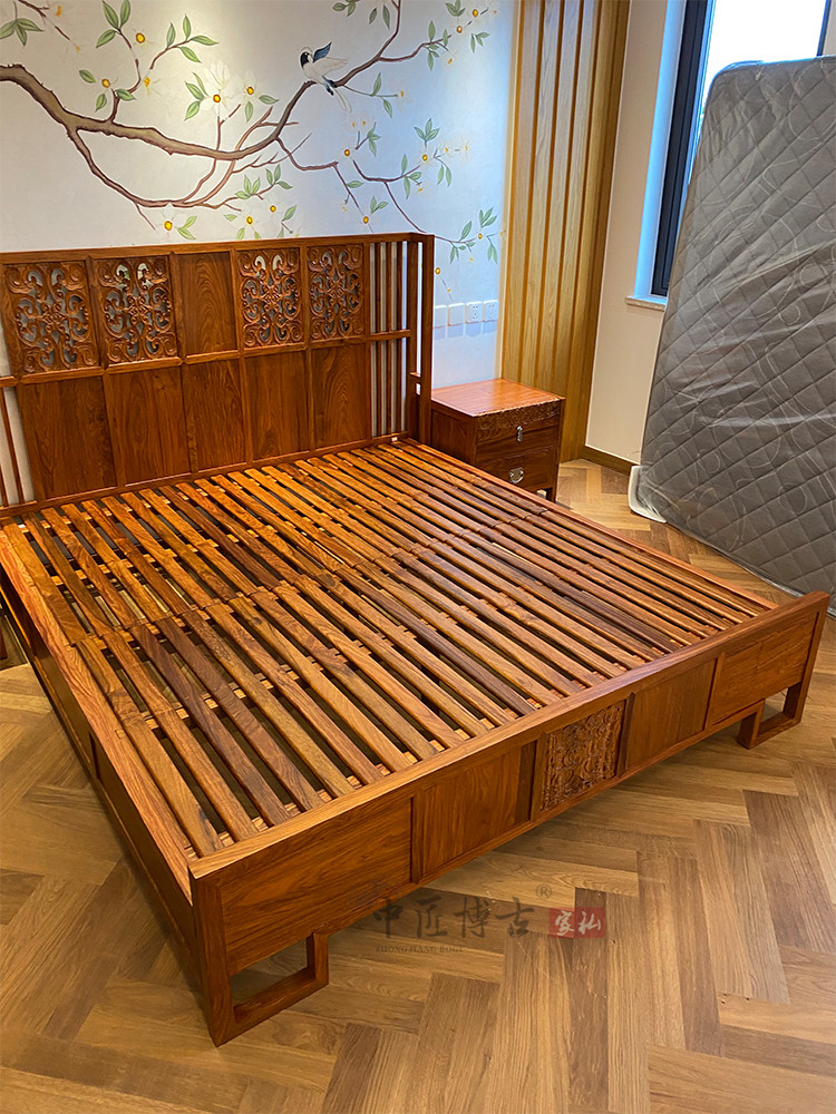 新中式卧室实木雕花苏梨婚床18m花梨家具京瓷实木床